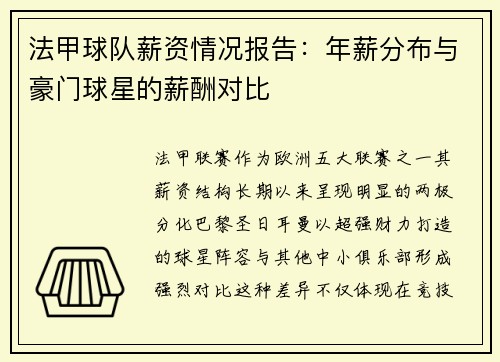法甲球队薪资情况报告：年薪分布与豪门球星的薪酬对比