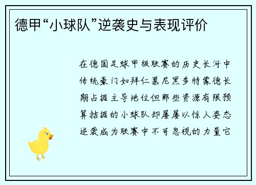德甲“小球队”逆袭史与表现评价